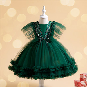 新款女童圣诞红色新年连衣裙儿童亮片流苏网纱墨绿色公主裙礼服裙