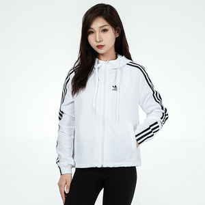 阿迪达斯三叶草女装2021秋新款白色运动服连帽梭织夹克外套fu1730
