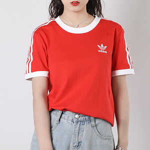 adidas阿迪达斯三叶草短袖女子夏季红色三条纹运动休闲T恤FM3318