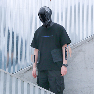 silenstorm机能风多口袋工装短袖t恤拼接个性潮流五分袖宽松tee男