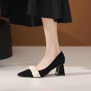 黑色高跟鞋女2024年新款高级感粗跟春秋气质单鞋浅口尖头方根鞋子