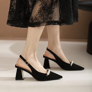法式高级感旗袍马面裙高跟鞋女夏季新款黑色粗跟鞋子包头凉鞋单鞋