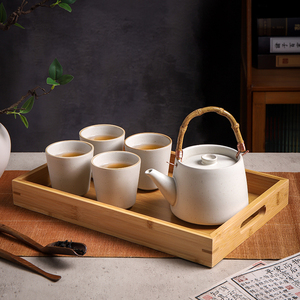 日式粗陶茶具套装复古陶瓷水壶大容量家用提梁茶壶茶杯带茶漏托盘