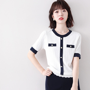 正品哥弟新款女装针织衫2022夏季小雏菊小香风冰丝镂空短袖t恤女