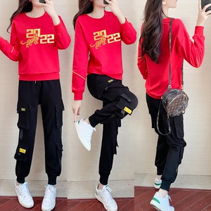 中国红运动服套装广场舞服装新款秋冬加绒2022虎年元旦跳舞运动装