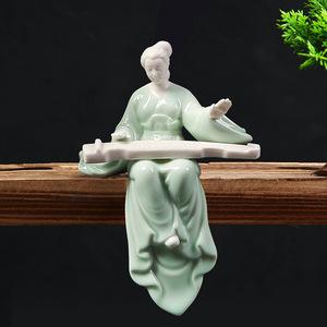 中式创意仕女摆件禅意陶瓷人物工艺国风抚琴家用室内桌面摆设装饰