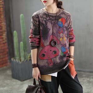 做旧复古针织棉上衣女士长袖前短后长宽松套头印花毛衣耀阁原墅风