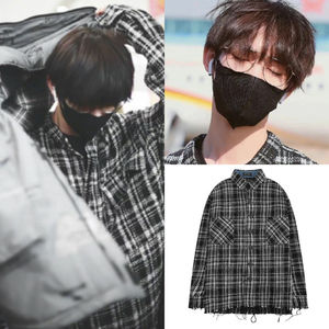 tnt丁程鑫同款刘耀文秋季复古毛呢长袖衬衫男女格子外套衬衣寸衫