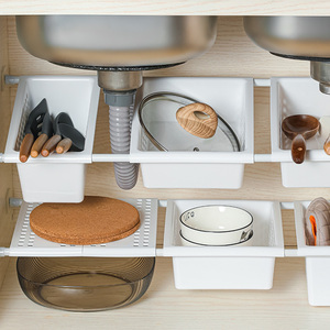 厨房置物架橱柜台下水槽收纳筐免打孔可伸缩杆锅具分层隔板收纳盒
