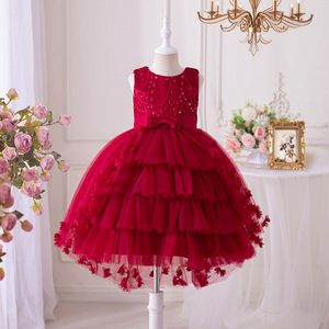 女童红色连衣裙夏装儿童花童礼服纱裙洋气女孩表演公主裙子蓬蓬裙
