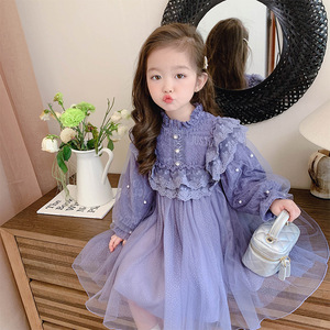 韩国童装女童连衣裙春秋洋气宝宝紫色长袖公主裙女孩网红蓬蓬纱裙