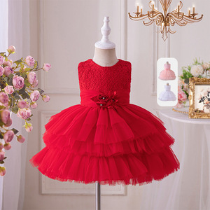 女童连衣裙夏季六一儿童表演服装小女孩洋气公主红色纱裙礼服裙子