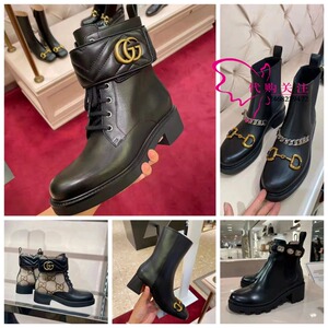 gucci/古奇女鞋gg短筒马丁靴链条切尔西侧拉链中跟短靴女靴