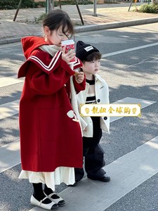 韩国代购童装女童红色年装双面羊绒大衣2023女孩冬装羊毛呢子外套