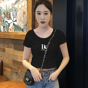 露脐上衣服白色印花短款t恤女短袖紧身韩版修身高腰漏肚脐装cec潮