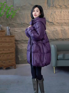 时尚高级感紫色连帽羽绒棉服女冬季新款胖mm显瘦中长款棉衣外套潮