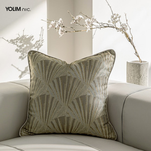 米色浅蓝色混色扇形提花新中式抱枕套售楼处样板间卧室靠包靠垫套