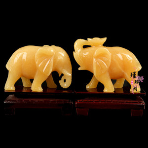 天然米黄玉石元宝大象摆件一对精工雕刻家居装饰客厅商铺开业礼品
