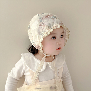 中国风婴儿帽子春秋薄款宝宝包脸宫廷帽蕾丝公主可爱超萌夏季国潮