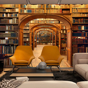 欧式图书馆空间延伸立体书架壁画网红直播壁纸书房沙发背景墙墙纸
