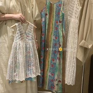 韩国童装女童夏新洋气亲子装复古油画风叠穿背心罩衫吊带裙连衣裙