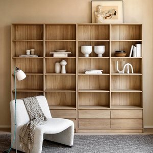 北欧实木落地墙面展示柜书柜美式复古自由组合橡木开放式陈列书橱