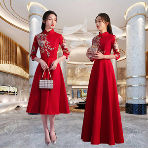 礼仪旗袍迎宾小姐服颁奖年会中国风长款红色短袖酒店开业礼服旗袍