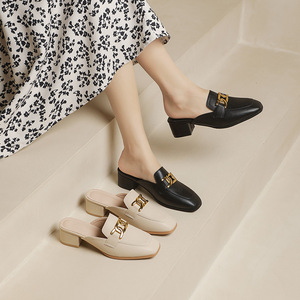 2022年百丽真皮包头半拖鞋女外穿夏新款懒人休闲粗中跟穆勒凉拖鞋