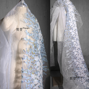 秘密花园 蓝色碎花立体提花肌理服装设计师面料裙子婚礼服diy布料