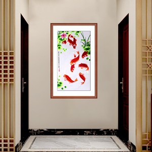 苏绣成品挂画 餐厅玄关装饰画竖版水仙花九鱼图丝线绣花锦鲤鱼图