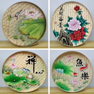 竹编手绘画荷花风景画户外挂件复古餐厅装饰品簸箕画工艺画无框