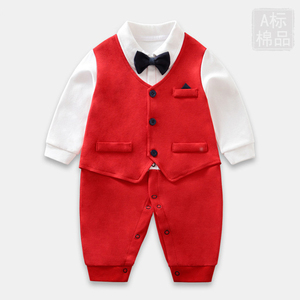 男宝宝周岁礼服红色秋冬男童抓周帅气绅士连体衣婴儿百天英伦西服