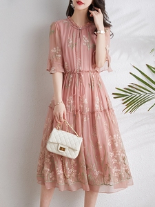 RFRK 气质温柔真丝粉色连衣裙女 时尚显瘦桑蚕丝裙子收腰端庄优雅