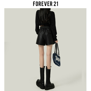 Forever21黑色高腰阔腿皮裤女2024新款春款宽松显瘦a字版皮裤短裤