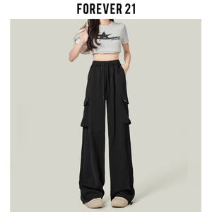 Forever 21黑色高街工装阔腿拖地裤女高腰美式阔腿垂感休闲束脚裤