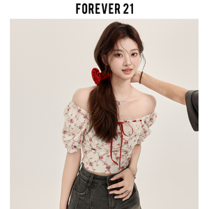 Forever 21复古红色碎花一字肩上衣女蕾丝泡泡袖气质雪纺方领衬衫