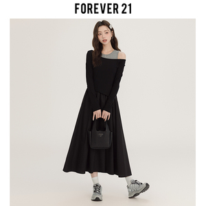 Forever21黑灰撞色法式桔梗连衣裙女设计感不规则收腰长袖A字裙子