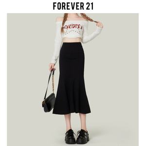 Forever21黑色高腰包臀鱼尾裙女性感修身A字伞裙一步中长半身裙子