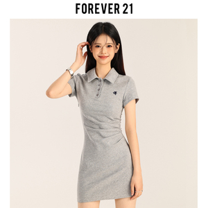Forever21灰色刺绣polo领连衣裙女收腰短袖微弹T恤休闲包臀短裙子
