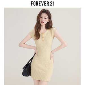 Forever 21纯欲黄色针织连衣裙女夏季设计感小飞袖高腰包臀短裙子
