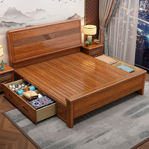2024款进口胡桃木全实木中式储物床现代简约家用卧室实木床双人床