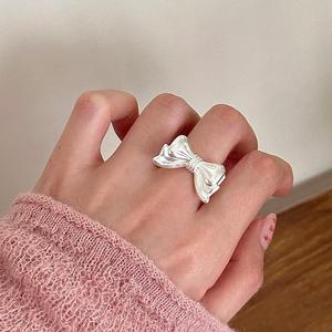 甜美蝴蝶结戒指女韩版时尚个性设计感夸张S925银开口指环食指戒潮