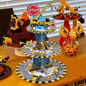 工程车卡通主题儿童生日恐龙三层纸质蛋糕架派对甜品台装饰场景品