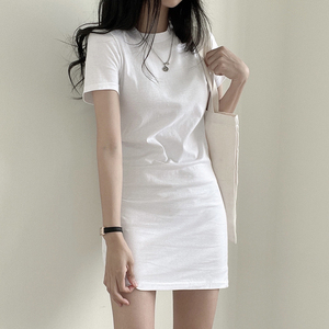 2024夏装新款圆领白色t恤连衣裙女短袖修身显瘦中长款百搭打底裙