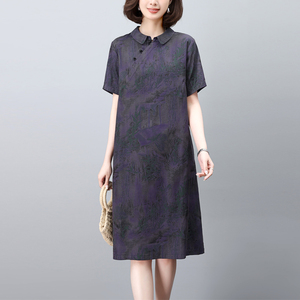 新中式连衣裙女夏季2024新款大码宽松气质洋气妈妈薄天丝牛仔裙子