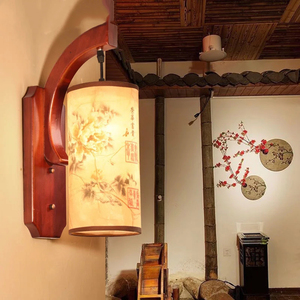 中式实木壁灯卧室客厅客房床头灯走廊过道玄关中国风装饰羊皮灯罩