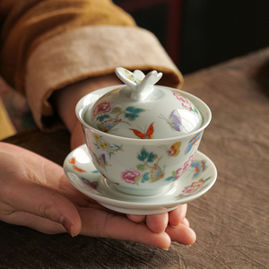 珐琅彩三才盖碗单个高端泡茶碗创意中式复古蝴蝶功夫泡茶碗白粉色