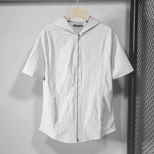 夏季卫衣男连帽短袖韩版潮流修身纯色薄款拉链开衫半袖T恤外套男
