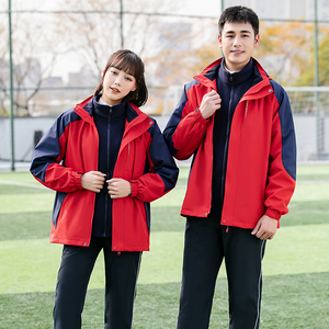 冬季中学生冲锋衣三合一套装男女款高中生加绒加厚校服班服运动服