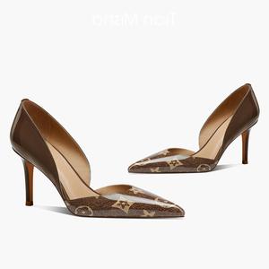 lv bv2022早春新款尖头高跟鞋女细跟时尚性感百搭印花真皮名媛礼